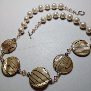 Elegant Faux Pearl & Shell Bead Necklace – 23” Toggle Clasp, Heart Accent